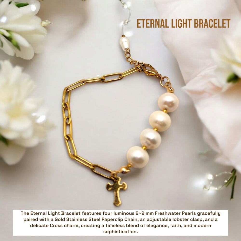 Freshwater Pearl Gold Stainless Steel chain bracelet with Cross charm